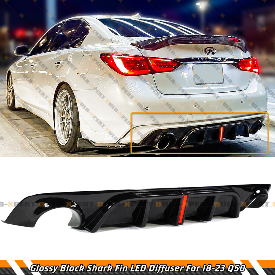 GLOSS BLACK REAR BUMPER DIFFUSER W/ V2 LED BRAKE LIGHT FOR 2018-23 INFINITI Q50