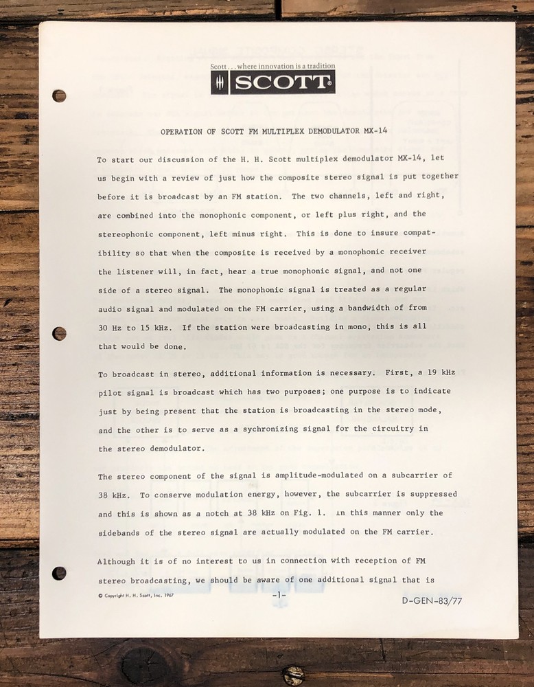 HH Scott MX-14 FM Multipex Service Manual *Original*