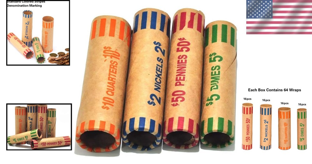64 Coin Wrapper Rolls - 16 Quarters, 16 Dimes, More for Safe Storage