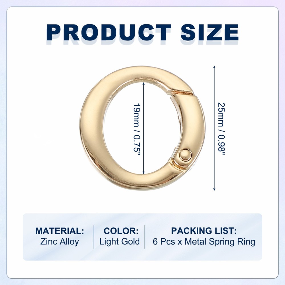6 Pcs 25mm Round Shaped Spring Snap Keychain Clip for Purses Light Gold