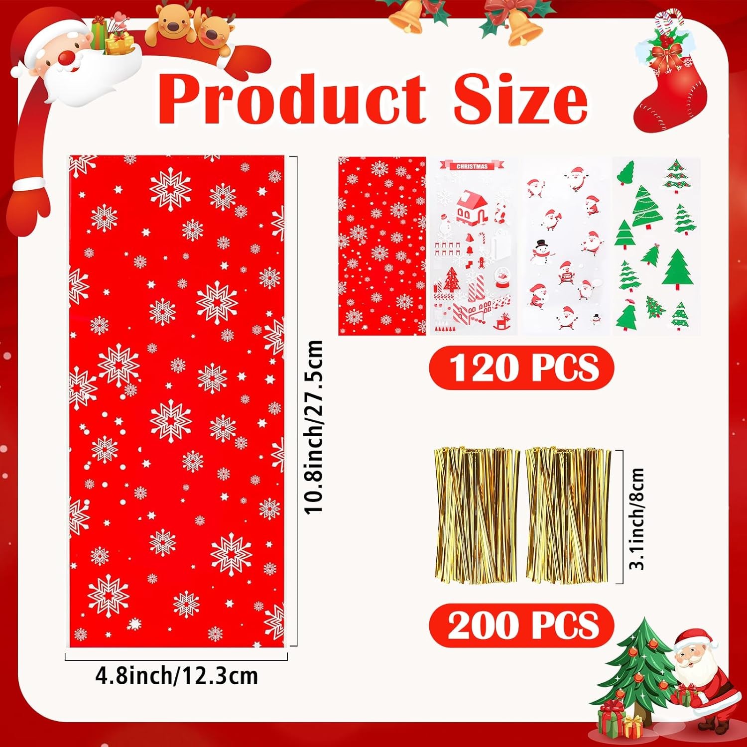 120 Pcs Christmas Cellophane Treat Bags Red Green Holiday Gift Cookie Wrap Sack