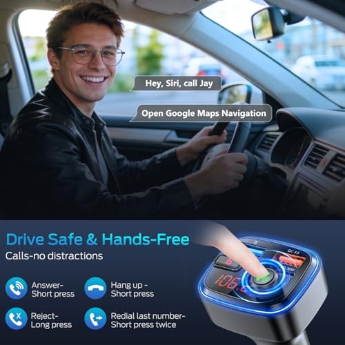 tooth 5.4 Car Adapter, Wireless FM Transmitter with Deep Bass Player, 48W Blue