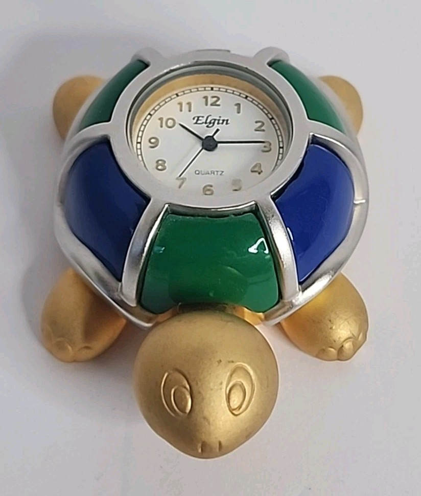 Elgin Turtle Mini Clock 2 Tone Blue & Green *READ* *Needs Battery (T158)