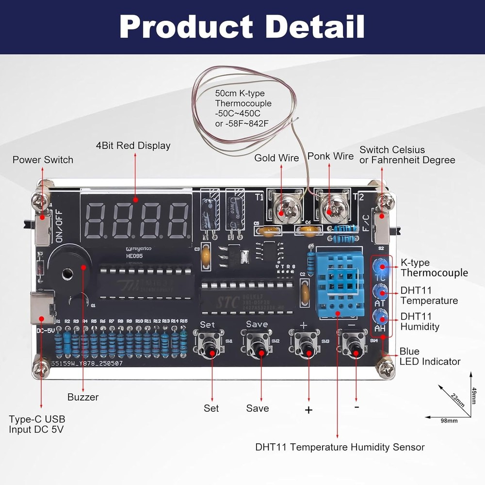 Thermocouple Thermometer DIY Kit, DC 4.5-5V Digital Temperature Humidity Sensor