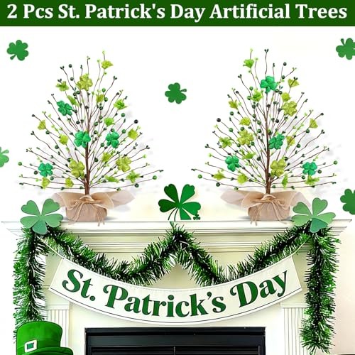 St. Patrick's Day Decorations, 2 Pack 18 Inch Lighted St. Shamrocks Lights Tree