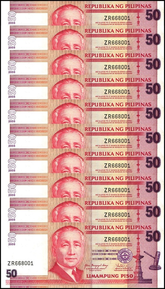 Philippines 50 Piso, 2008, P-193b.3, UNC X 10 PCS
