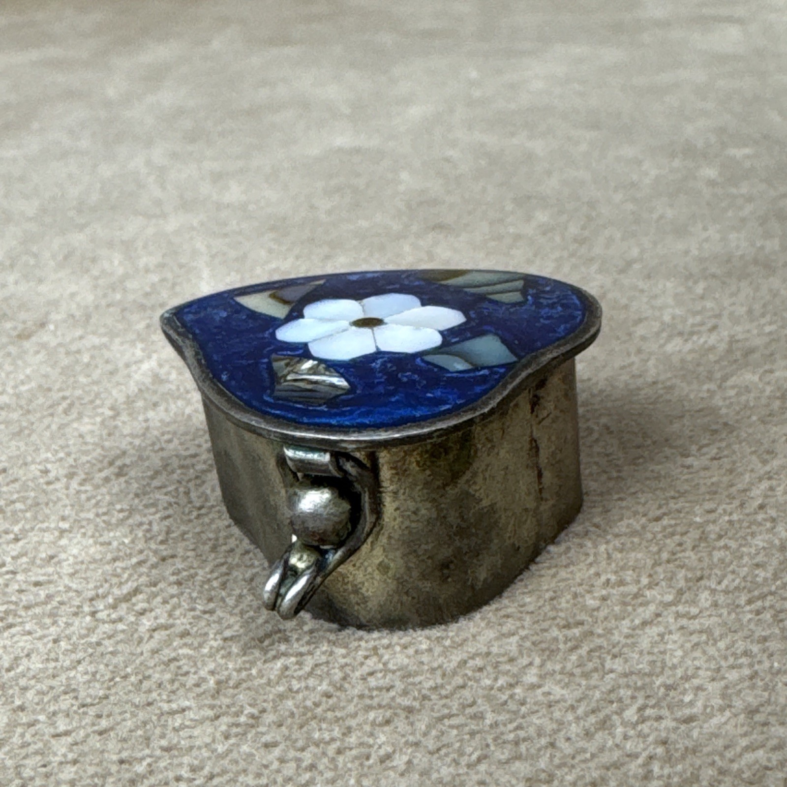 VTG Alpaca Mexico Silver Abalone Shell Inlay Pill Box Trinket-Flower Heart Daisy