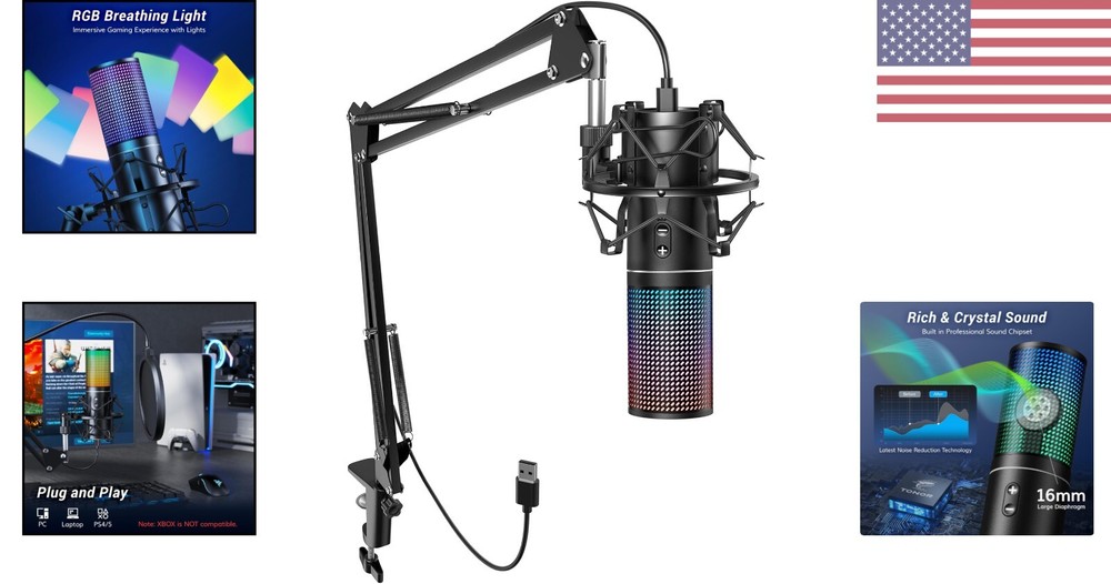 RGB Gaming Mic - USB PC Microphone with Adjustable Boom Arm - Quick Mute Button