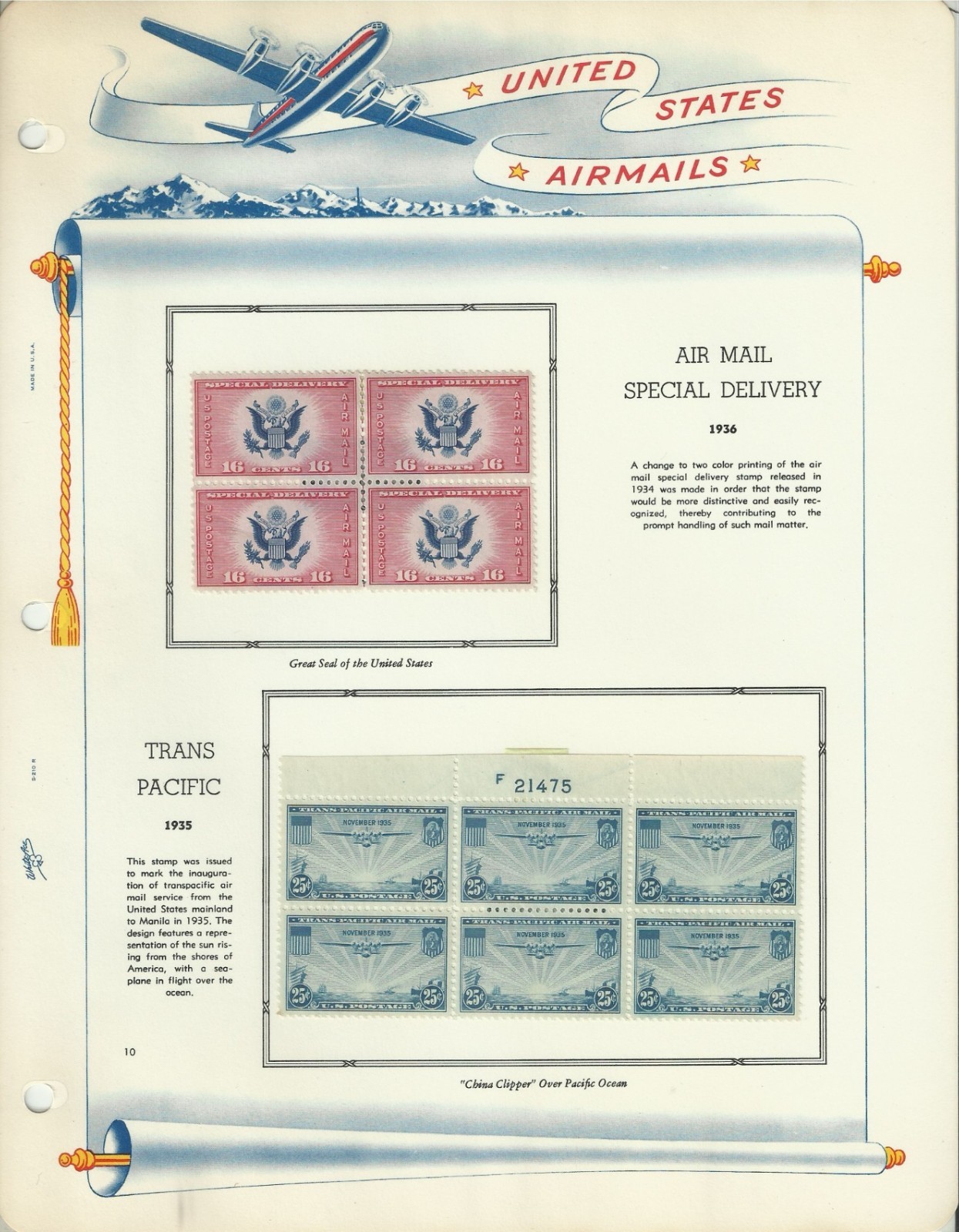 USA Stamps: Air Mail Plate Blocks & Singles on White Ace Album Pages. SCV $350+