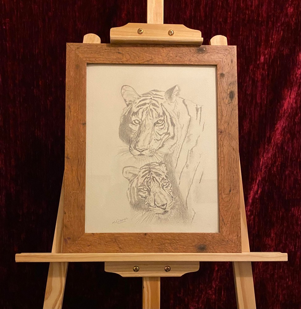 Original drawing sketch Tiger & Cub art signed M.E. Deacon framed