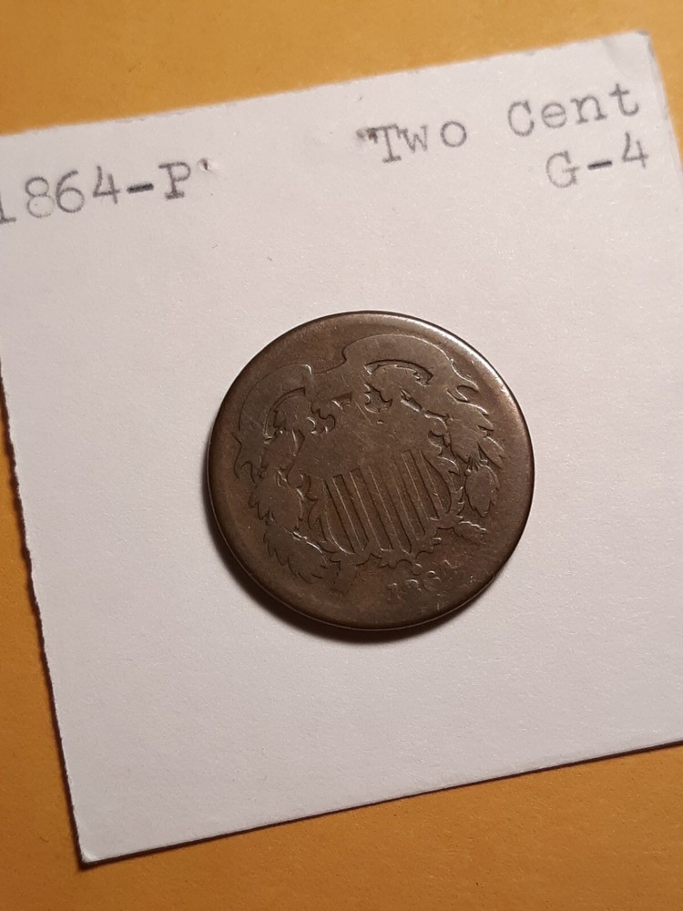 1864 Two Cent Coin Large Motto Brown Good