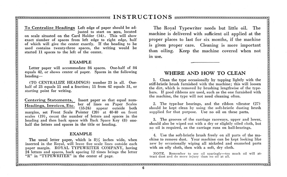 Royal typewriter Model 10 owners Manual 1920's (9pg)
