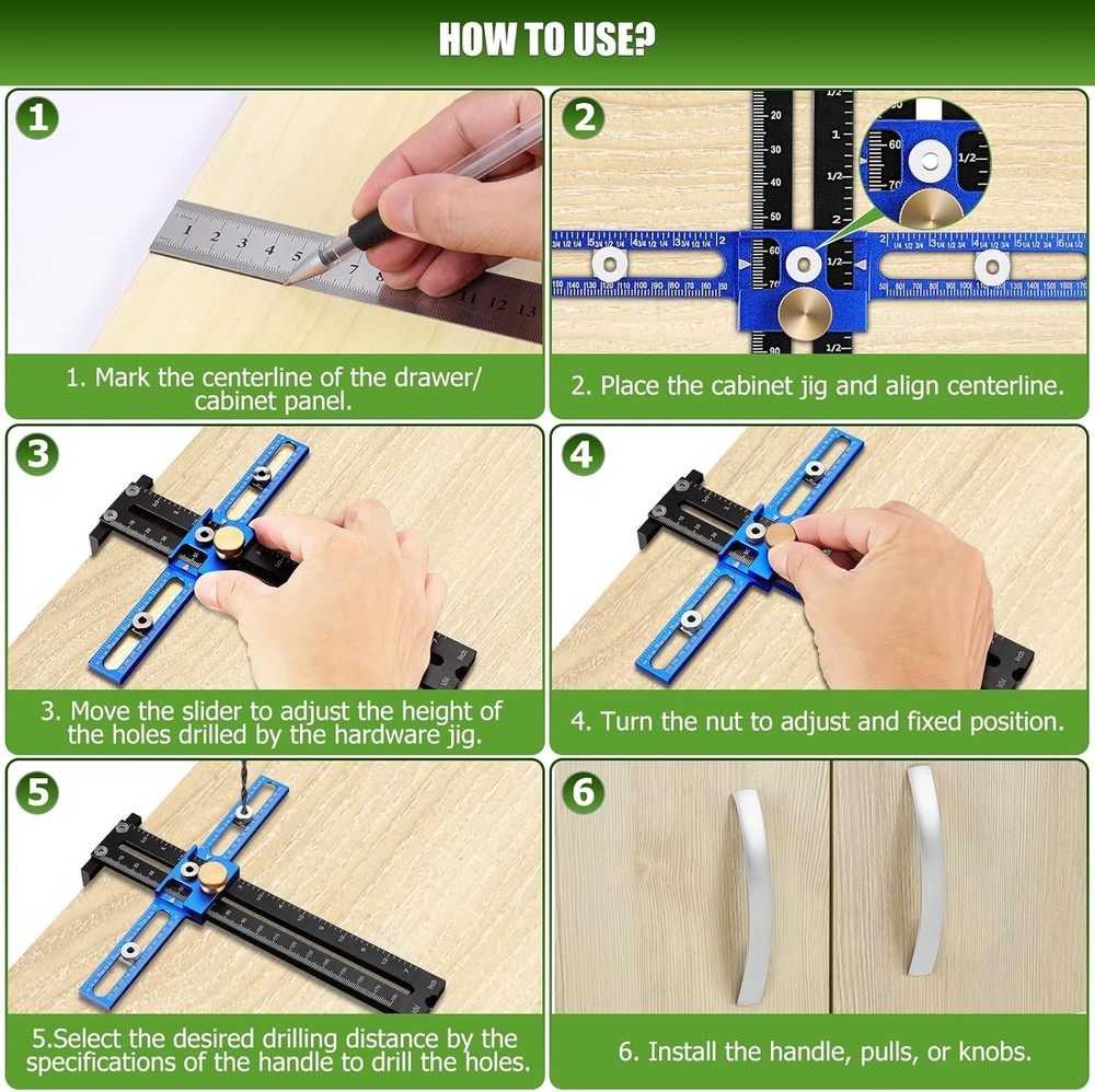 Cabinet Hardware Handle Jig, Adjustable Cabinet Hole Drilling Template Tool for