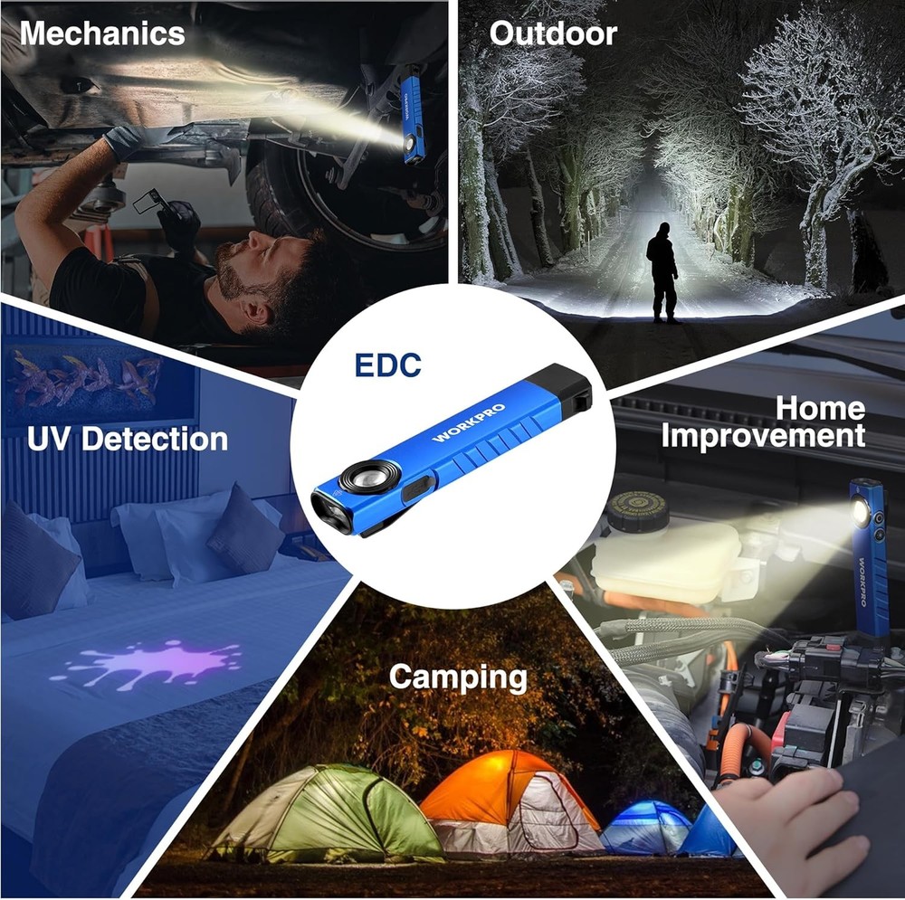 WORKPRO Rechargeable LED Work Light 600 Lumens Flat Pocket Flashlight w/UV Light