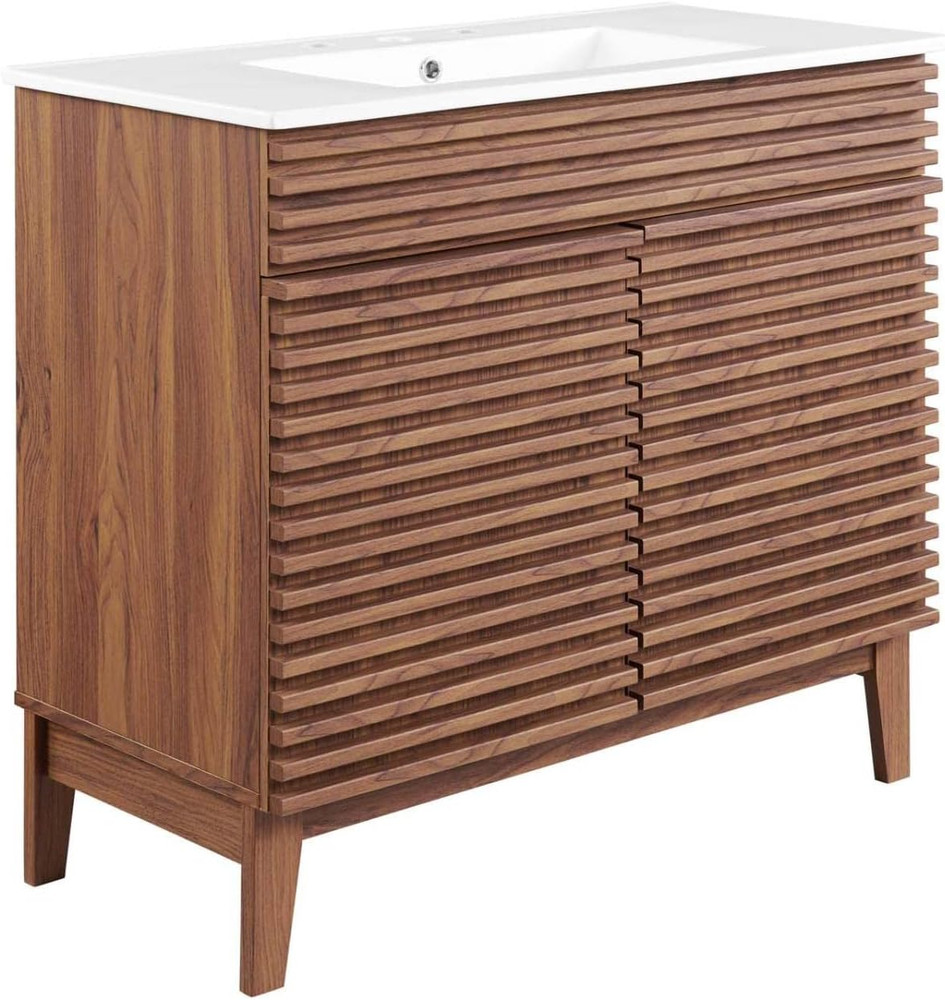 36" Walnut and White Bathroom Vanity - Stylish and Functional Design