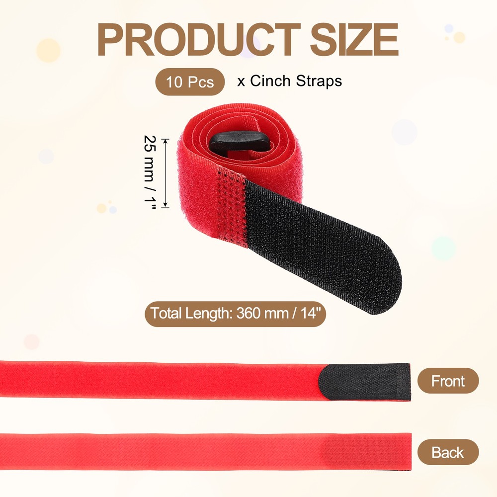 10pcs Reusable Cinch Straps 1"x14" Hook and Loop Cable Securing Straps, Red