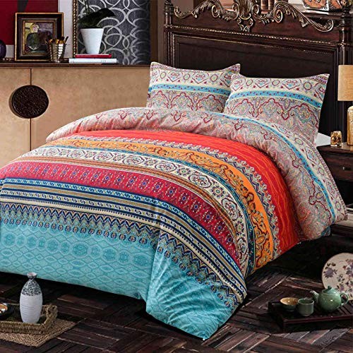 Comforter Set Size, 3pc Boho Red Blue Queen Boho Retro Striped Comforter Set