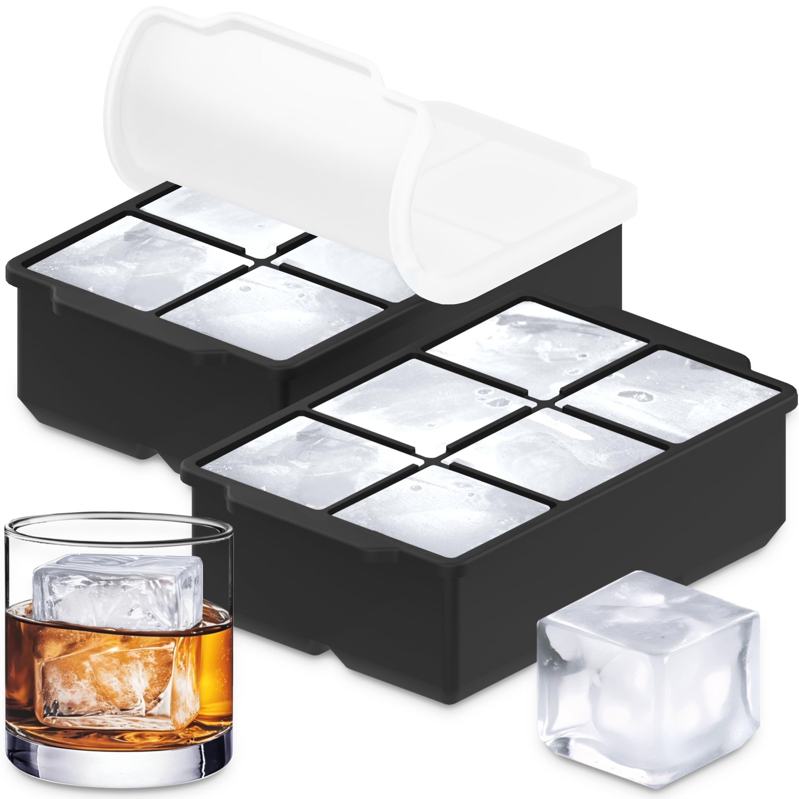 Large Silicone Ice Cube Tray (2-Pack), Easy Release 2" Big Ice Cubes - Cocktail,