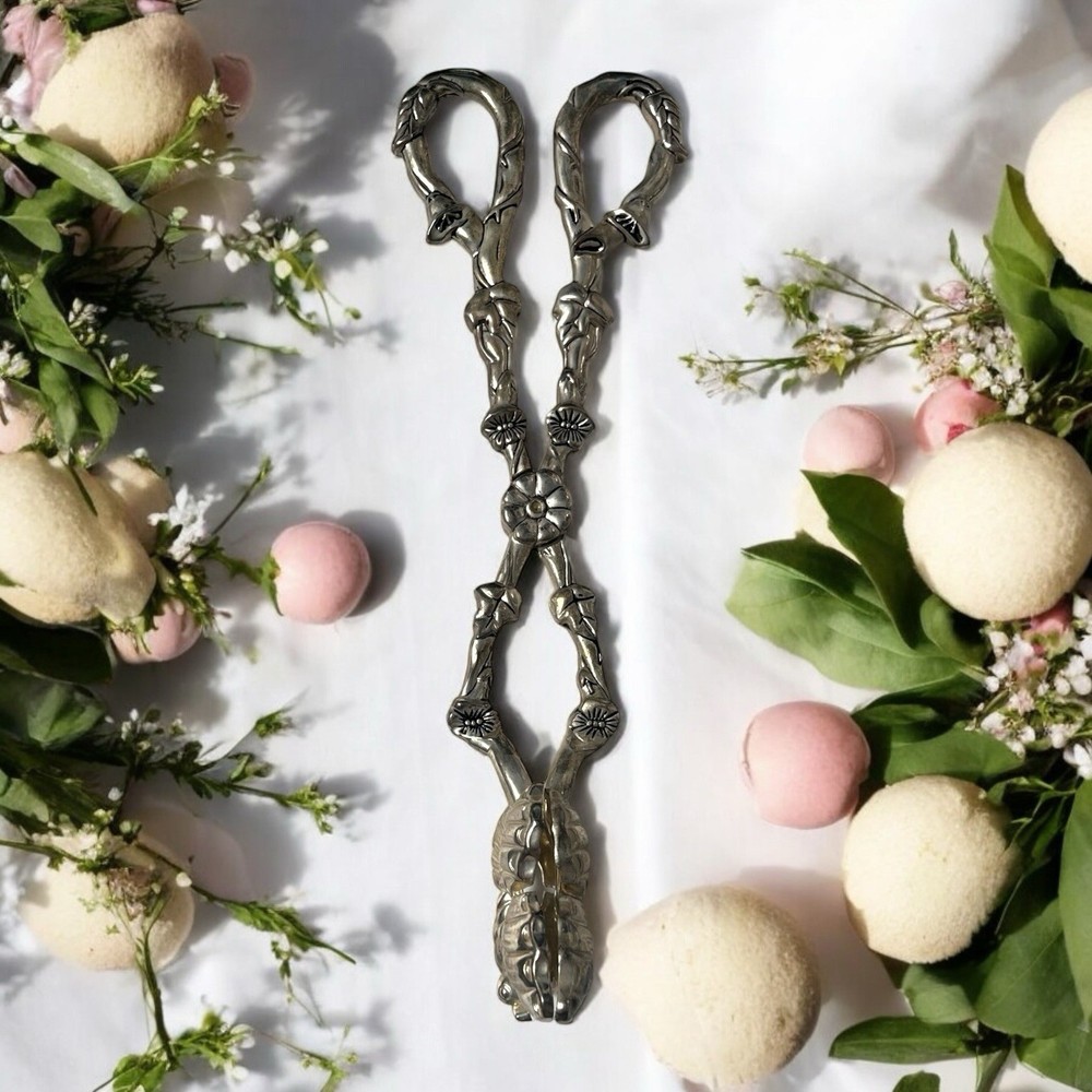 Vintage 1970s Godinger Ornate Silver Plated Butterfly Floral Salad Tongs 10.5"