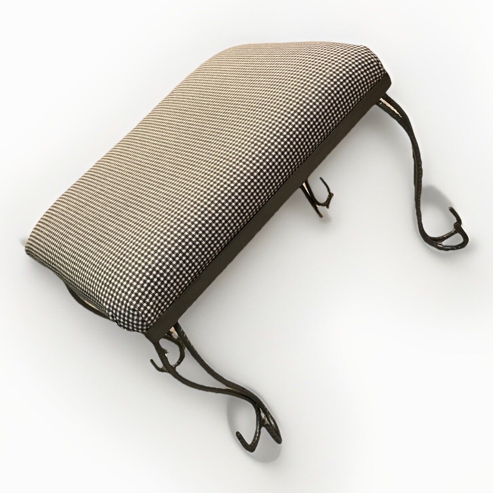 Foot Stool, Metal Base, Black And White Gingham Fabric