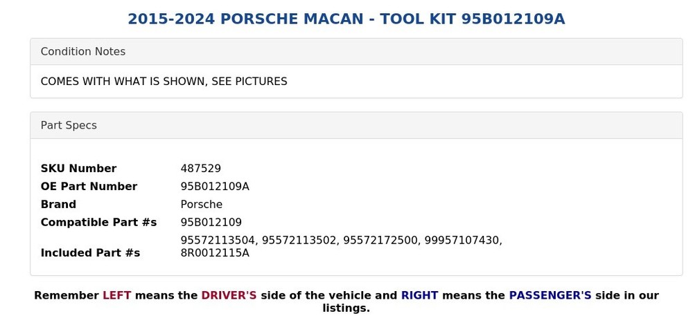 2015-2024 PORSCHE MACAN - TOOL KIT 95B012109A