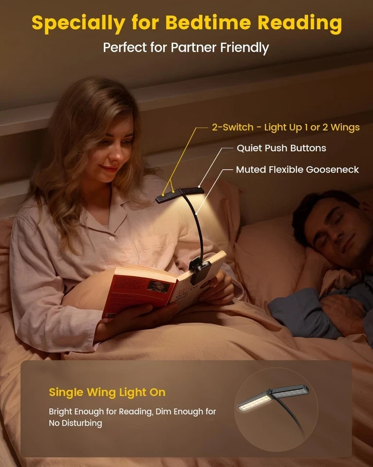 Glocusent Wingy Book Light, 48 LED Reading Light with Timer & Sleep black