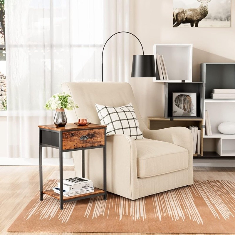 Multi-functional Nightstand W/ Fabric Drawer & Open Shelves Sturdy Side Table US