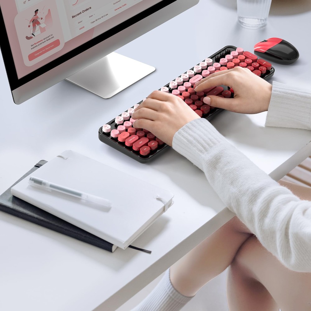 Wireless Keyboard Mouse Combo 2.4GHz Retro Typewriter Black Red Gradient
