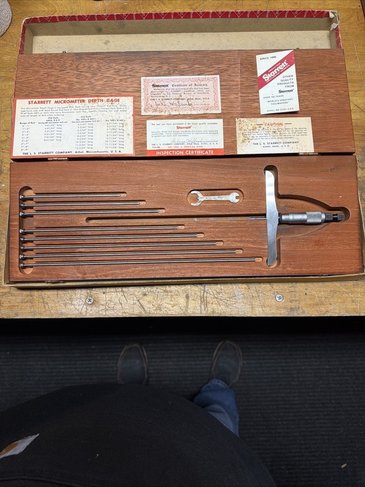 STARRETT 445 DEPTH MICROMETER: 0-9″ (5” BASE) - Ratcheting with Case