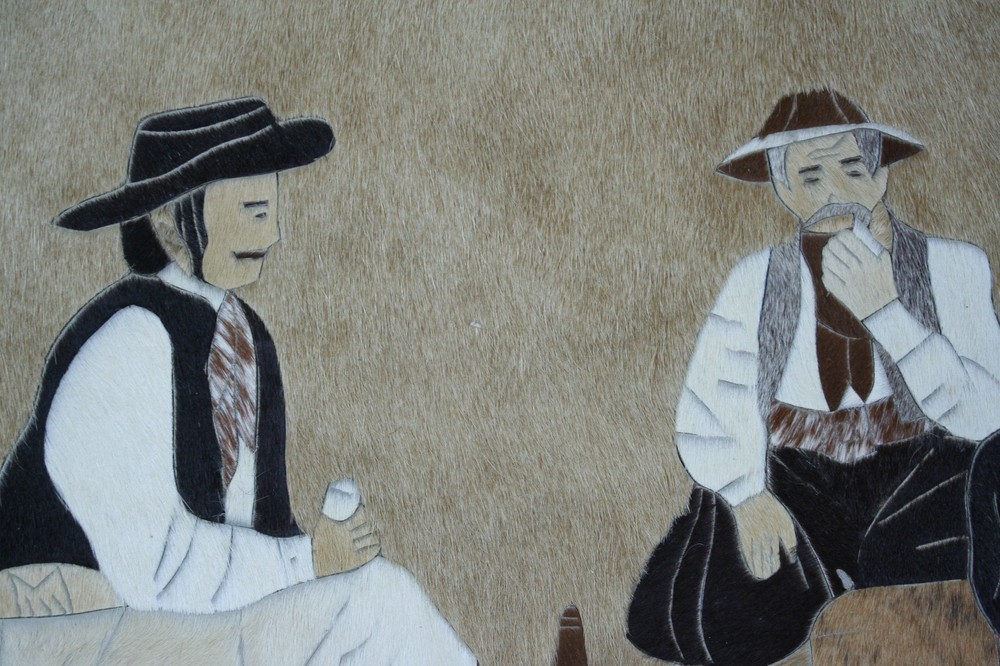 Three Men Around A Campfire Original Vintage Fur Hide Patchwork Artwork Folk Art