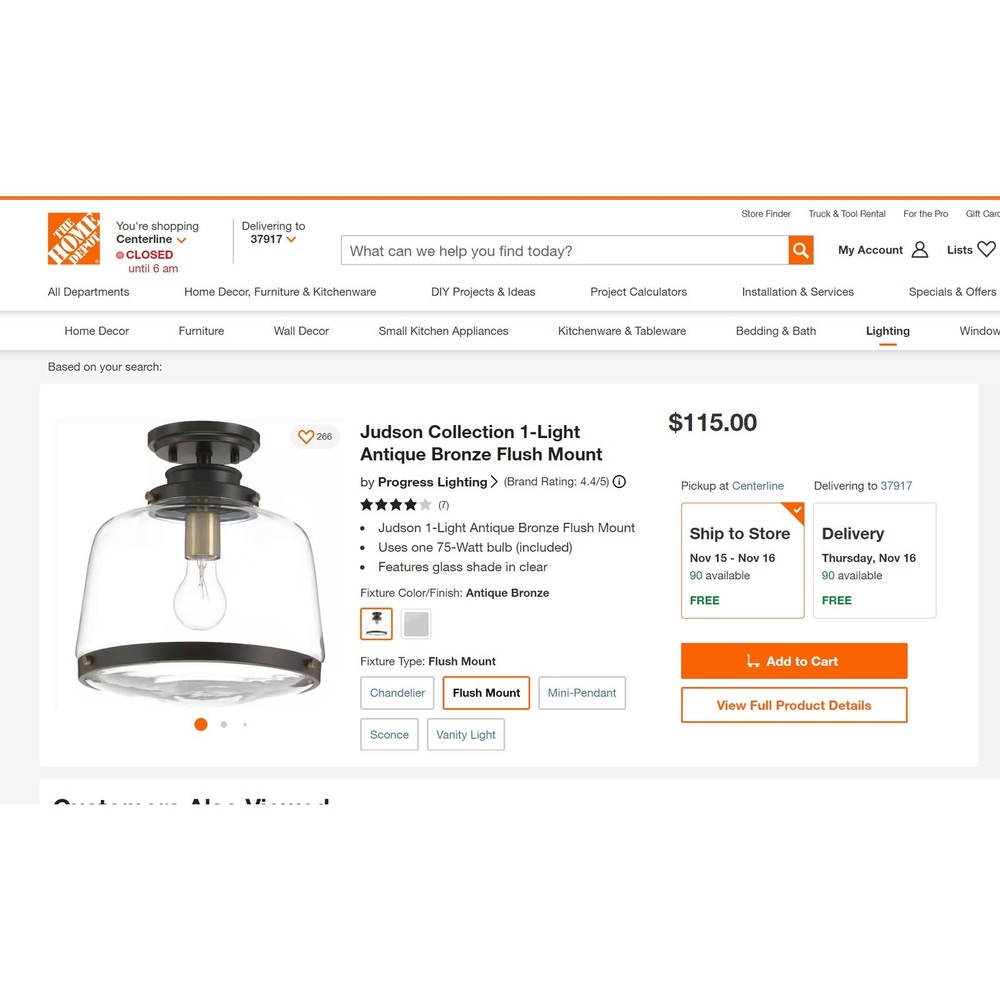Progress Lighting Judson Close To Ceiling 1-Light Antique Bronze Flushmount