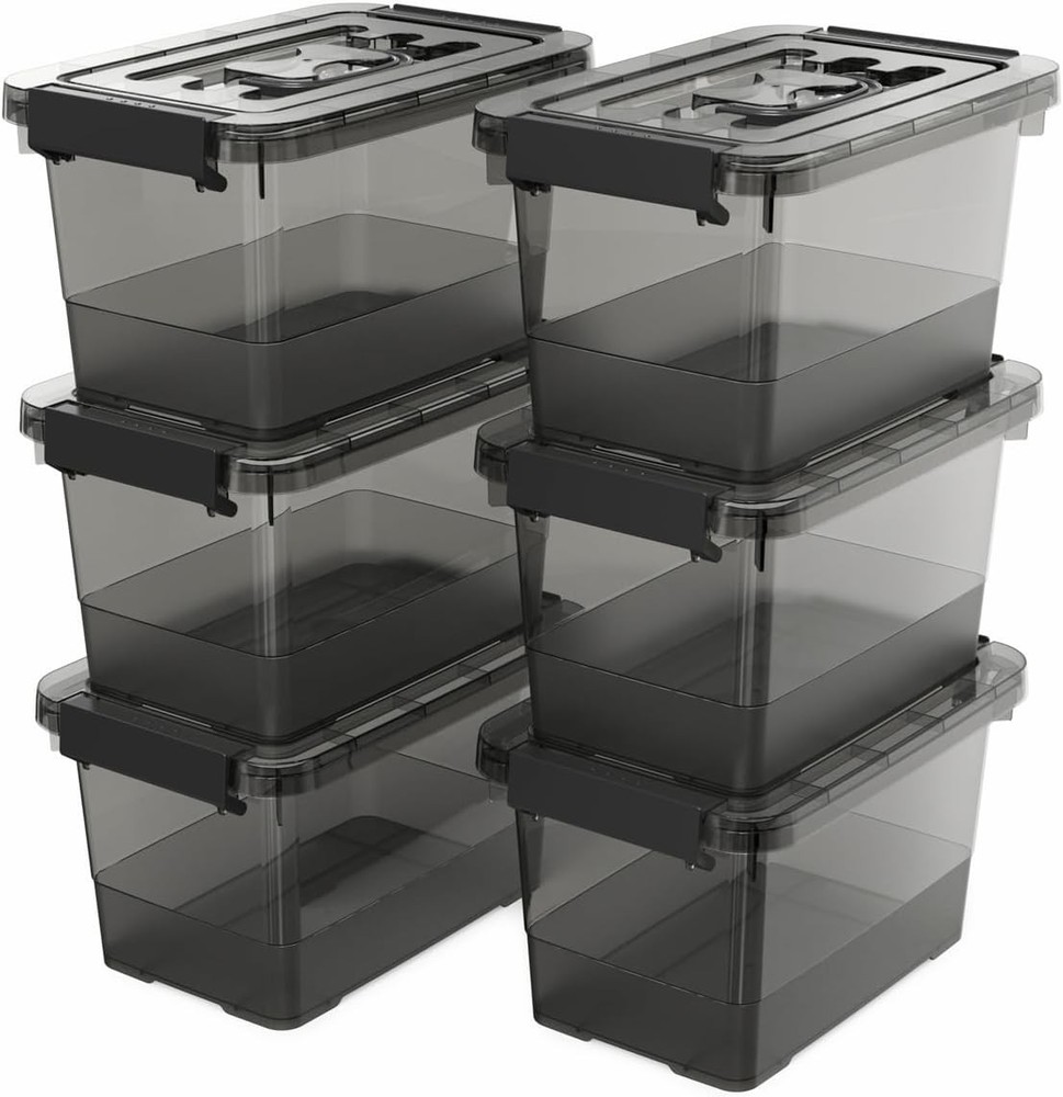 Clear Black Small Plastic Storage Bins with Lids 4 Quart, 6-Pack Stackable Or...