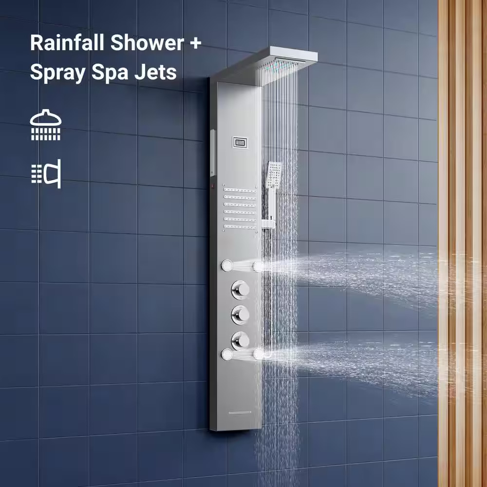 55 In. 6-Jet LED Rainfall Waterfall Shower Panel System with Adjustable Hand Bod
