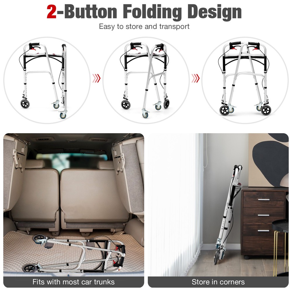 Standard Walker 2-button Folding Walker w/5" Wheels Trigger Release for Seniors