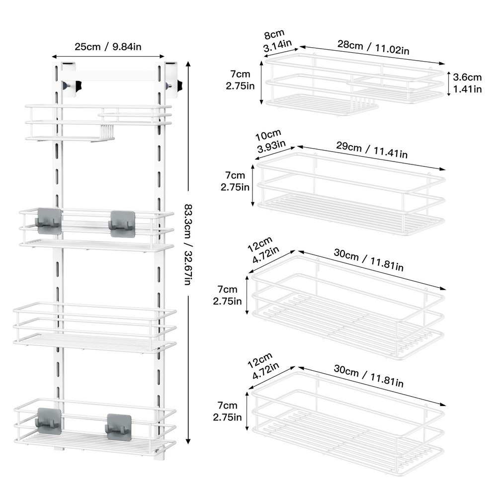 Orimade Over Door Shower Caddy 4-Tier Adjustable White Rustproof w/ Hooks