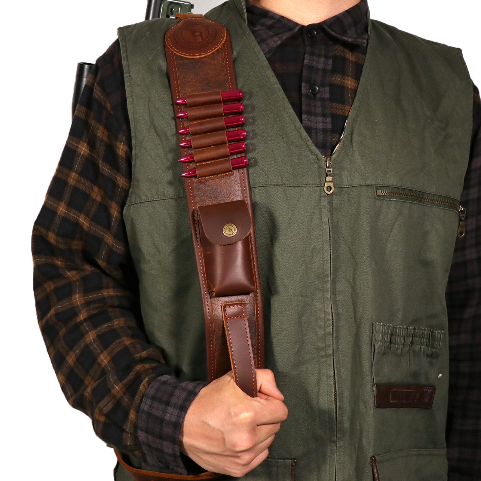 Tourbon PU Leather Rifle Sling Gun Shell Loops Hunt Ammo Strap .308.30-06,45-70