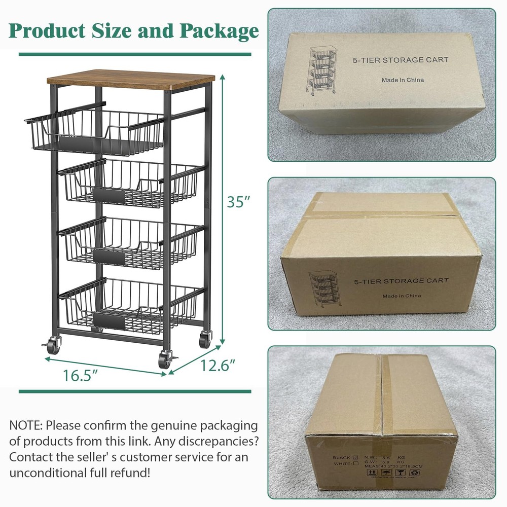 Fruit Basket, 5-Tier Utility Kitchen Organizer and Storage Cart with Pull-Out...