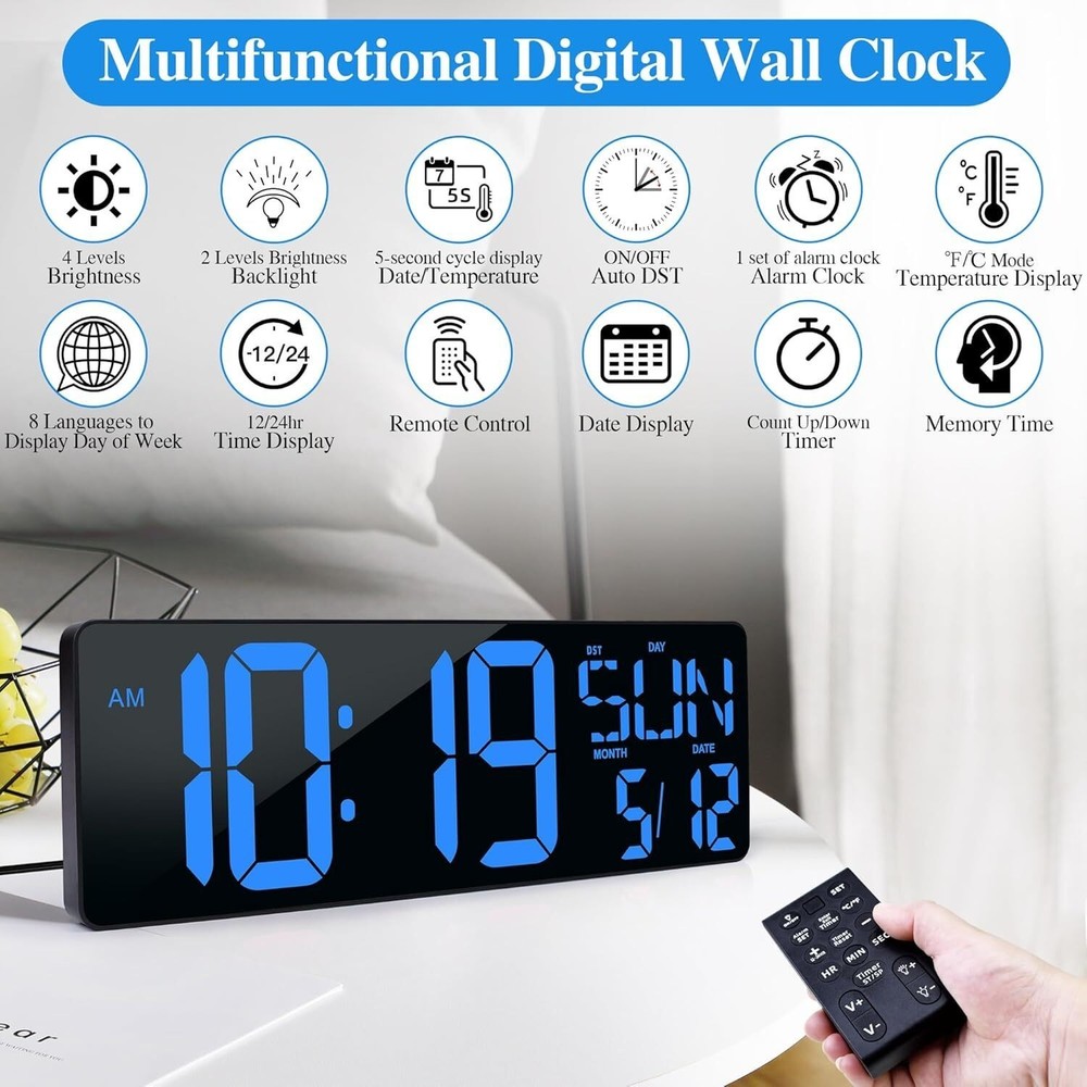 Large Digital Wall Clock with Remote Control 17.2" LED Large Display Timer US