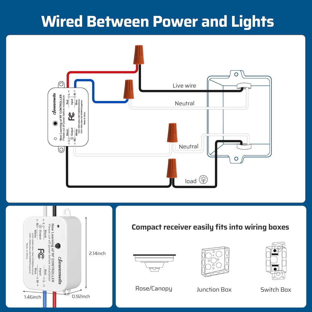 Wireless Light Switch and Receiver Kit, No In-Wall Wiring Required,Remote Contro