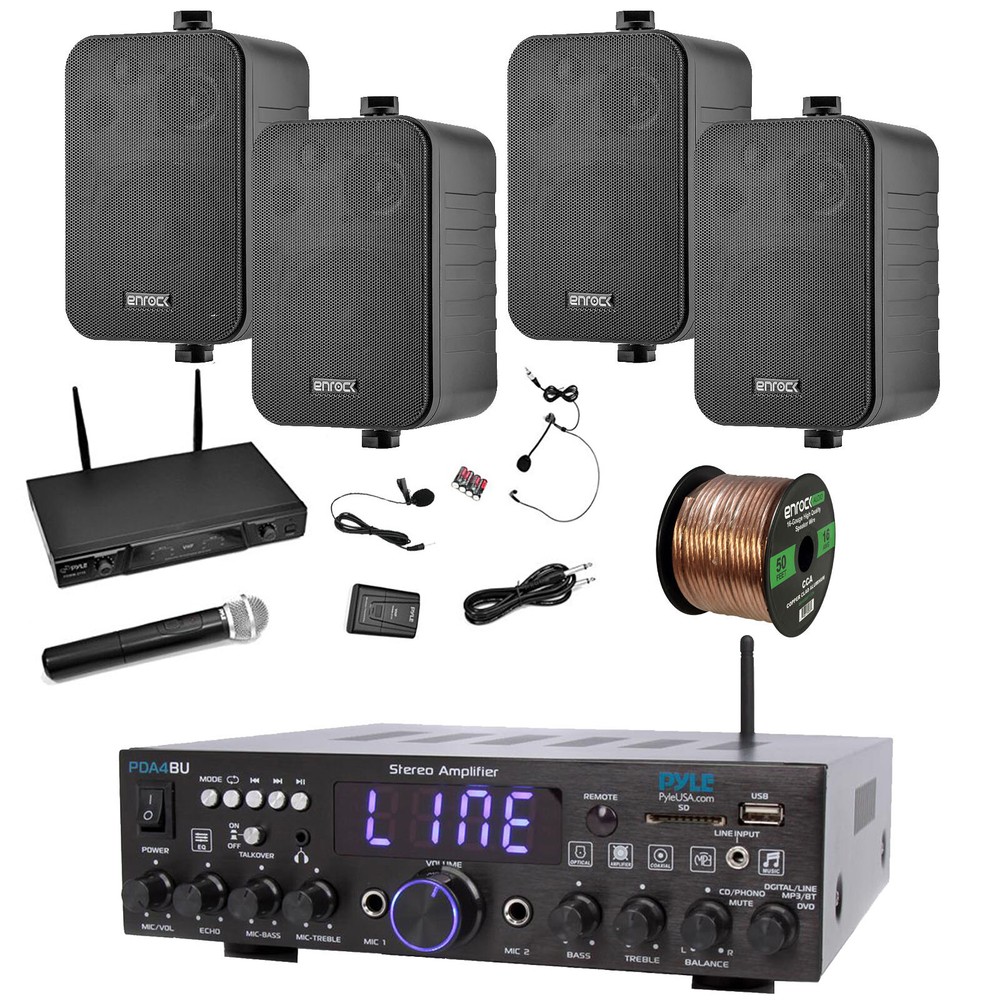 Pyle Bluetooth Receiver, Microphone System, 4x 4" 30W Speakers, Speaker Wire