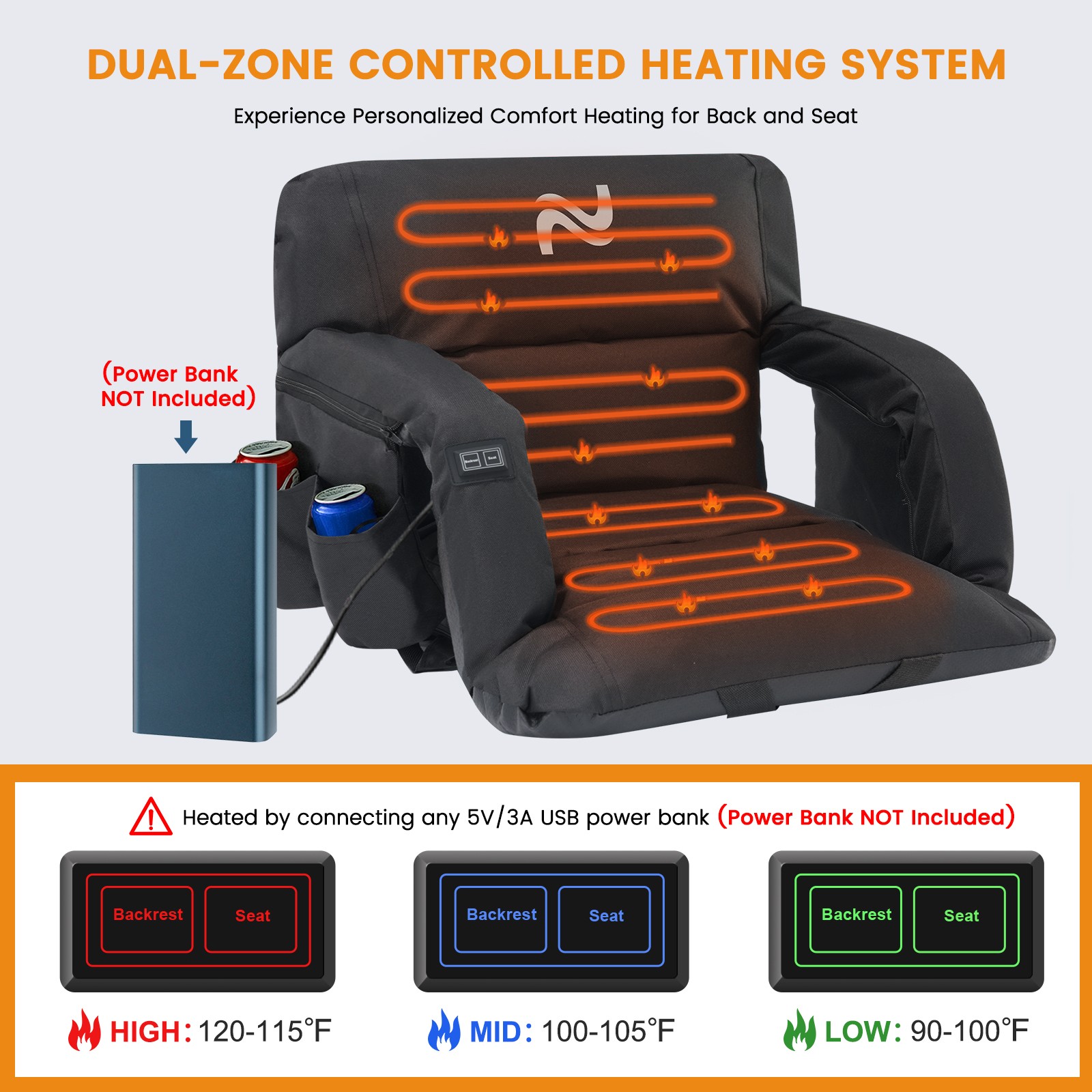 NAIZEA Heated Stadium Seat with Back Support, Sofa Style 5" Thick Bleacher Chair