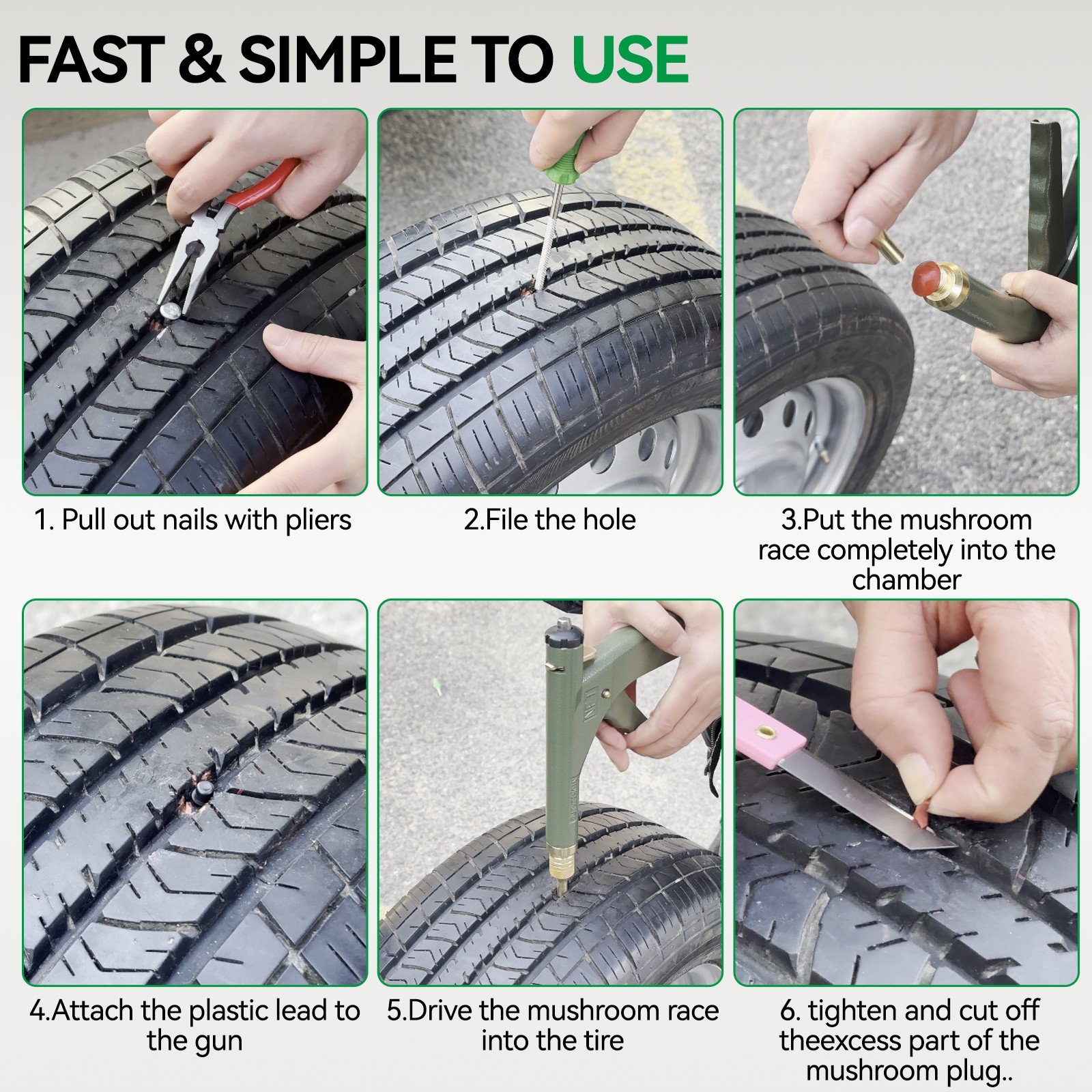 72pcs Tire Wheel Repair Gun Kit Mushroom Plug Probe Nozzle Tire Plugger Tubeless