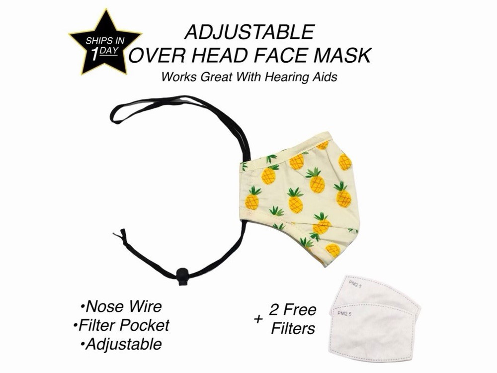 Adjustable Over Head Face Mask, Nose Wire, Pineapple Print, 2 Filters