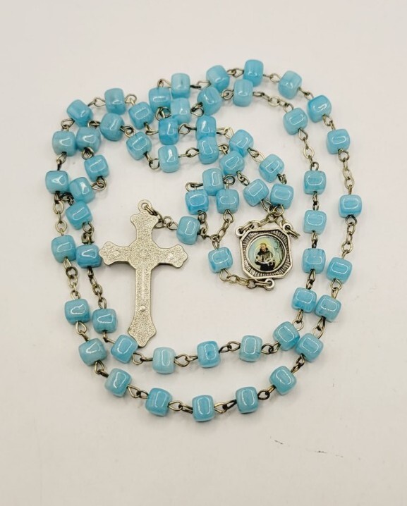 Blue Square Beaded ROSARY 19" † Signed INRI