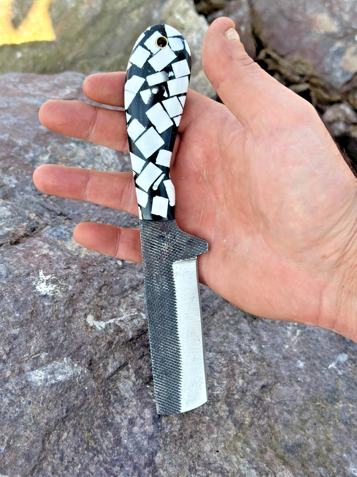 HAND FORGED  RAIL ROAD BULL CUTTER/COWBOY KNIFE  & RISEN HANDLE AH DAMASCUS-1234