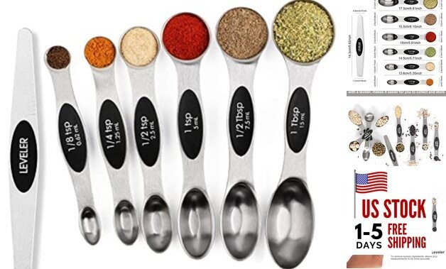 Magnetic Measuring Spoons Set Stainless Steel with Leveler, Stackable 7 Silver