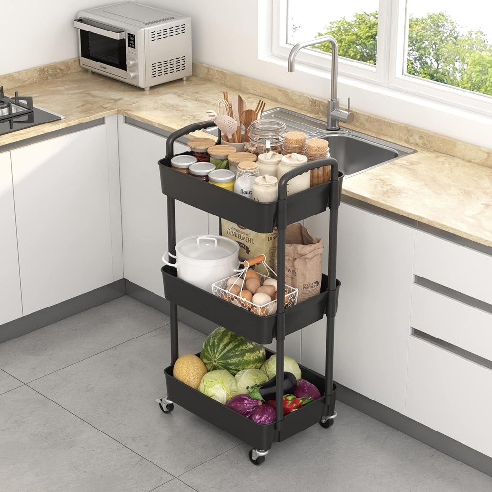 Black Multi-Functional Rolling Cart with Lockable Wheels - Perfect for Any Space