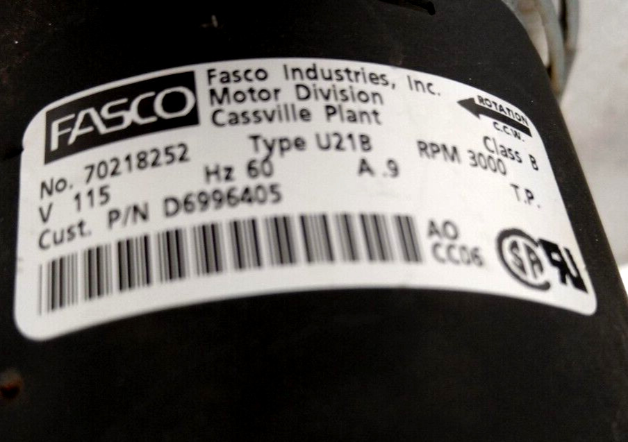 Fasco 70218252 Draft Inducer Blower Motor D6995405