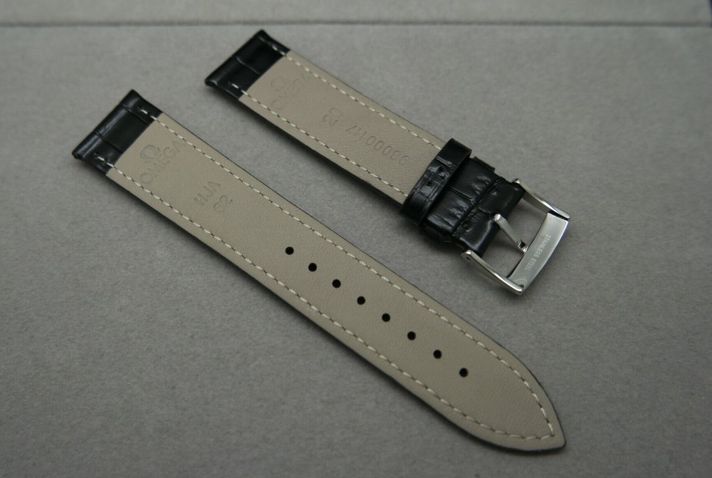 OEM Authentic OMEGA 20mm Black Leather Watch Strap with Silver Buckle