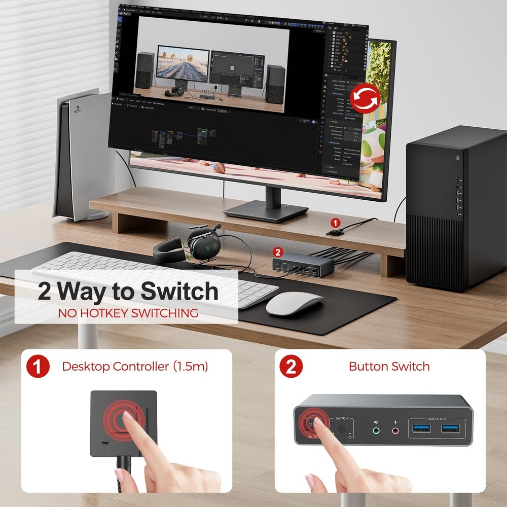 KVM Switch 2 Monitors 2 Computers, 4K@60Hz, HDMI+DisplayPort, 3 USB Ports